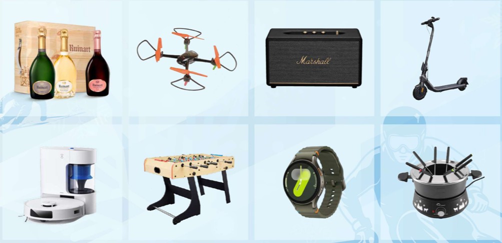 Exemples de cadeaux : Champagne, drone, enceinte, trottinette, machine à café, babyfoot, montre connectée, appareil à raclette